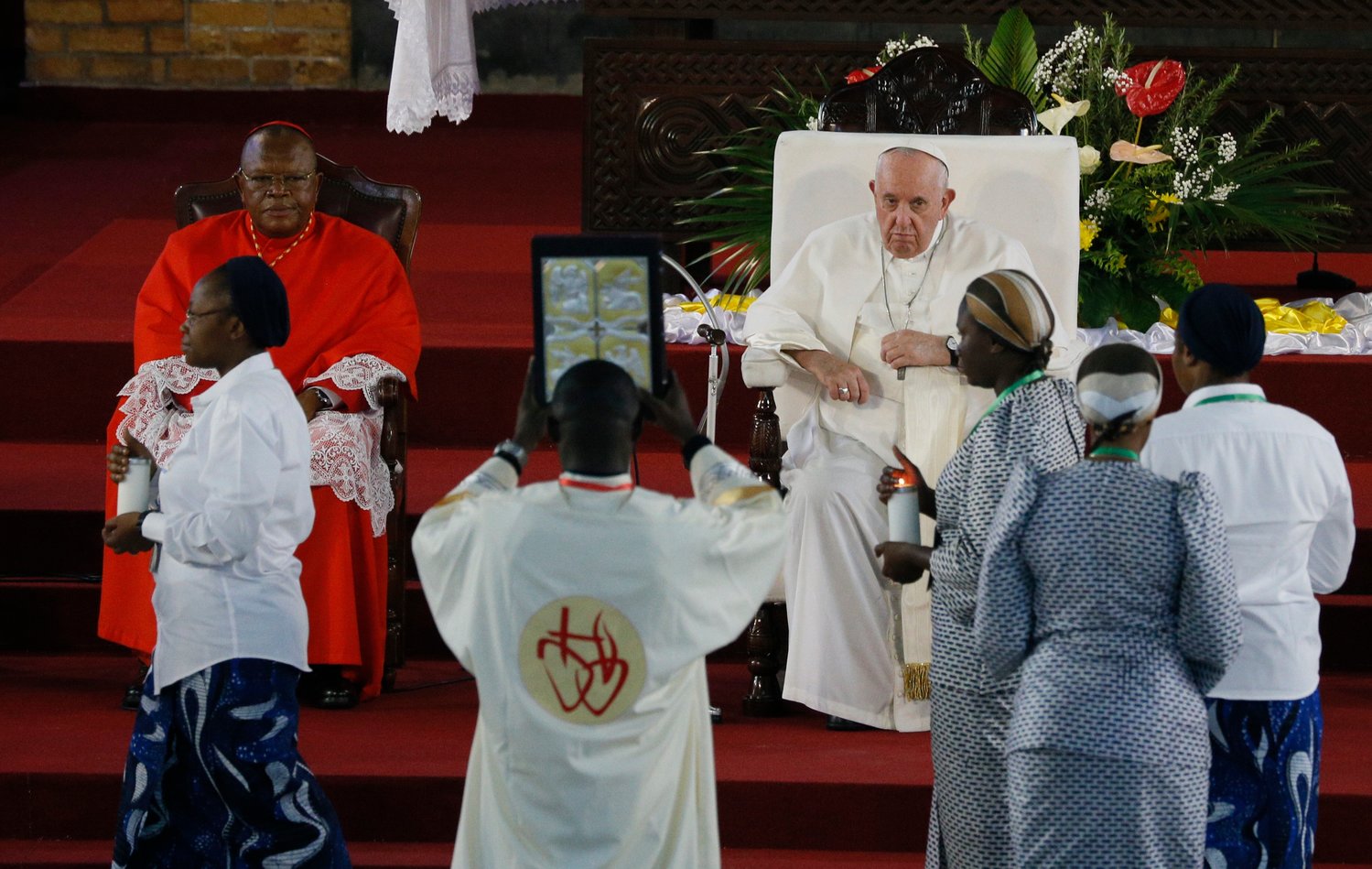 Pope Francis leads a prayer meeting with priests, religious and seminarians in Our Lady of the Congo Cathedral in Kinshasa, Congo, Feb. 2, 2023.